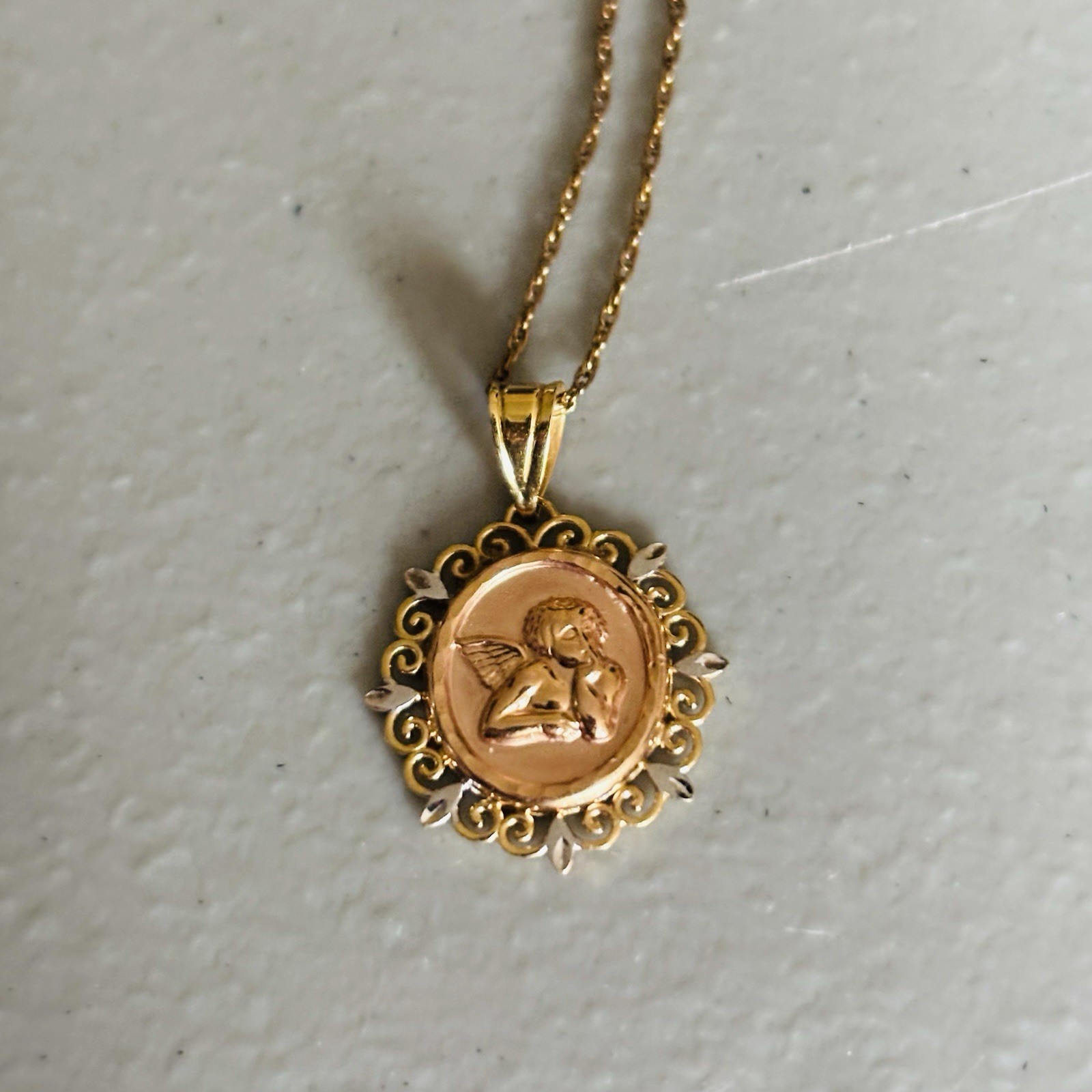 14k Tricolor Gold Angel Cherub Pendant With Prayer On Back