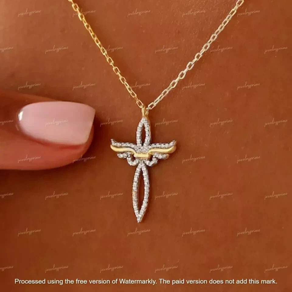Beauty Cross 2Ct Diamond Round Cut Lab Created Pendant 14K Yellow Gold Plated