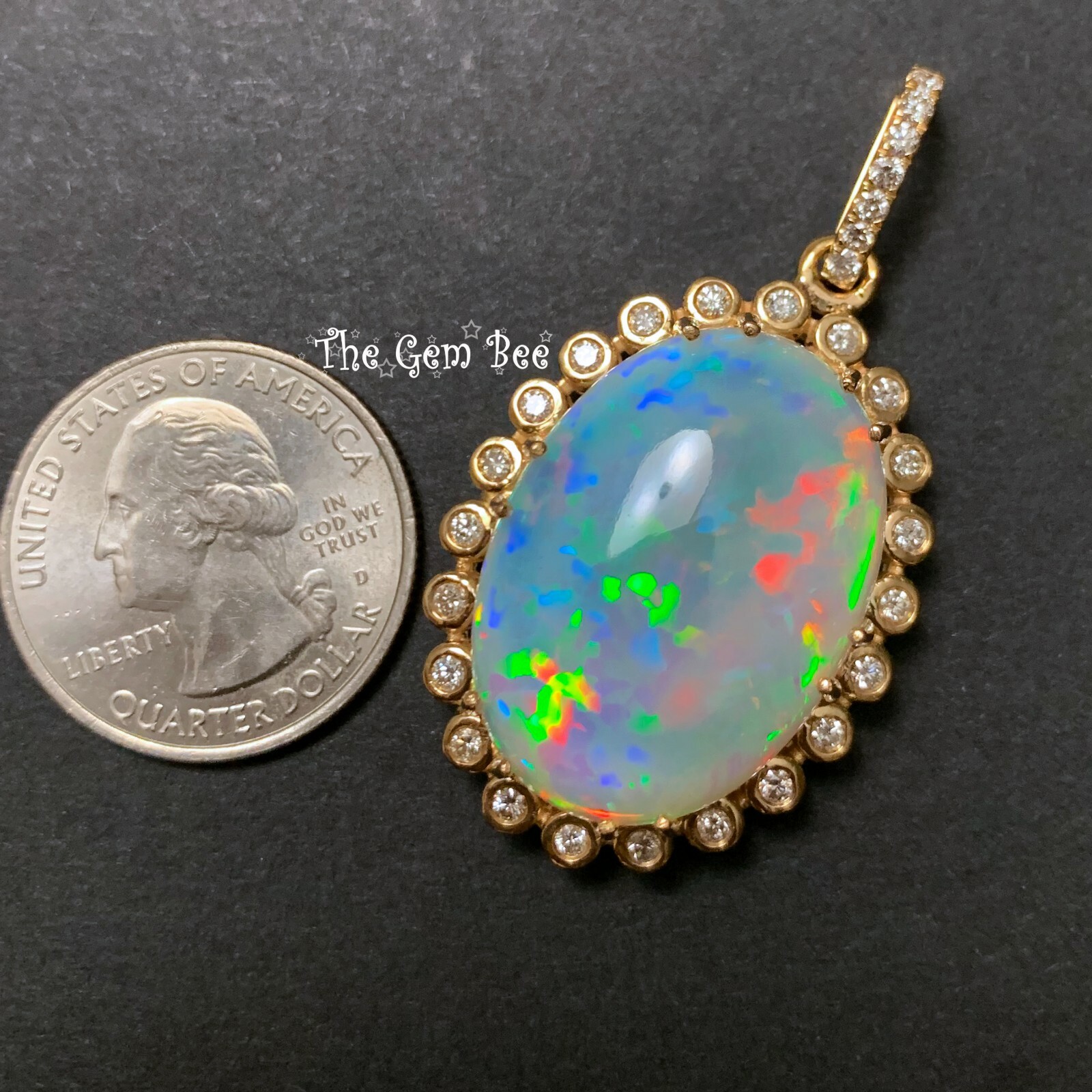 18k Solid Yellow Gold 26.81CT Oval Opal 0.75CT Diamond Necklace Pendant