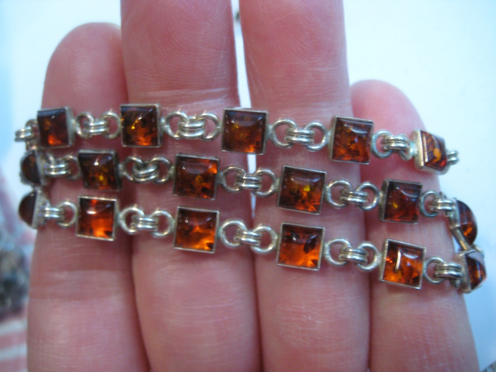 Sterling Silver Amber Tennis Choker Necklace 16″ Amber Stud Earrings Lot (B9)