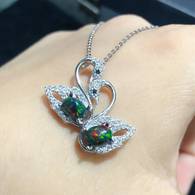 Fire Opal Swan Pendant 5x7mm, Black Opal Pendant Necklace,