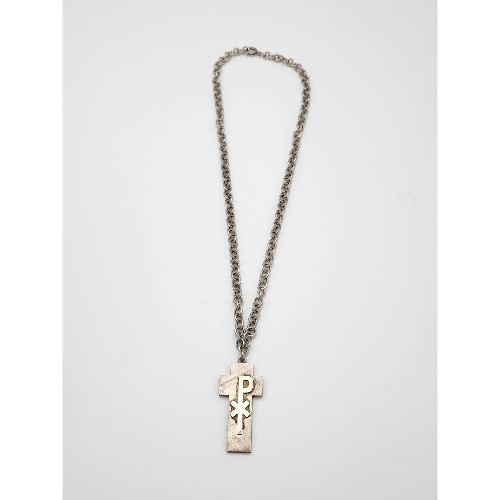 F.J. Chi Rho Cross Necklace Unisex 22in Silver Sterling 925 Textured Pendant