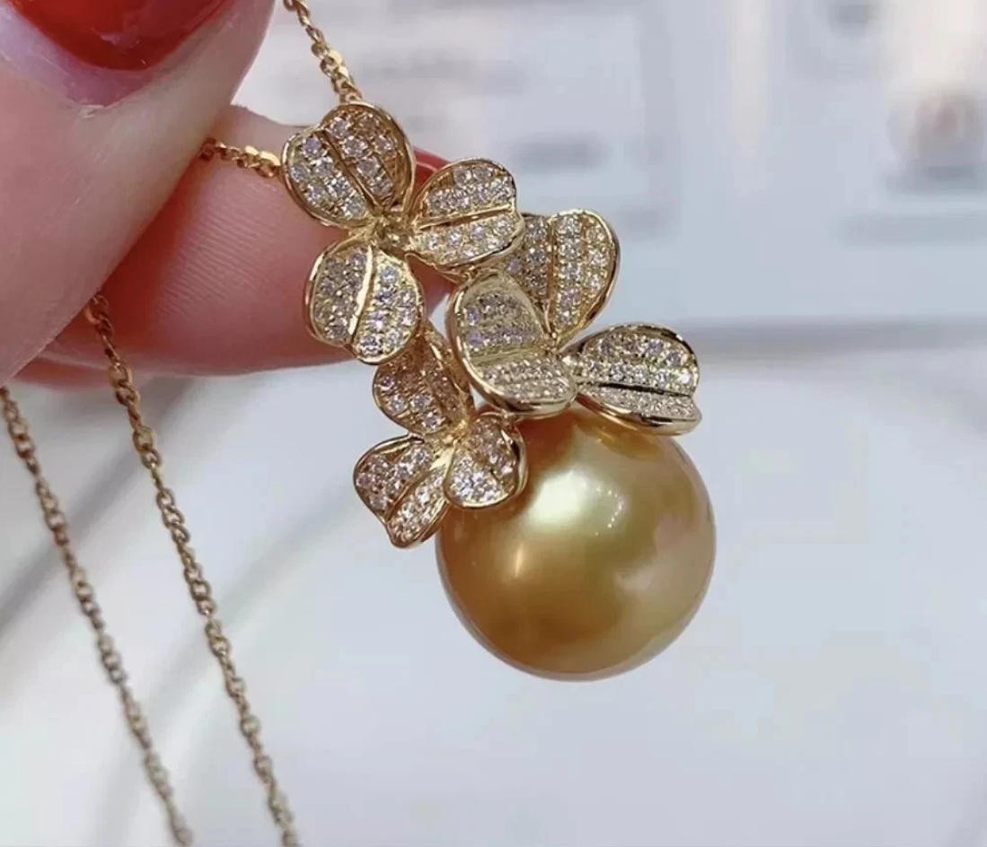 Natural huge AAAA 11-12mm South Sea Golden Round pearl Pendant Necklace 18″925S