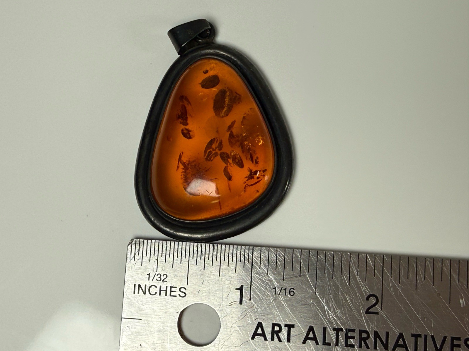 Orange Amber Cabochon Sterling Silver Asymmetrical 2”Pendant 925