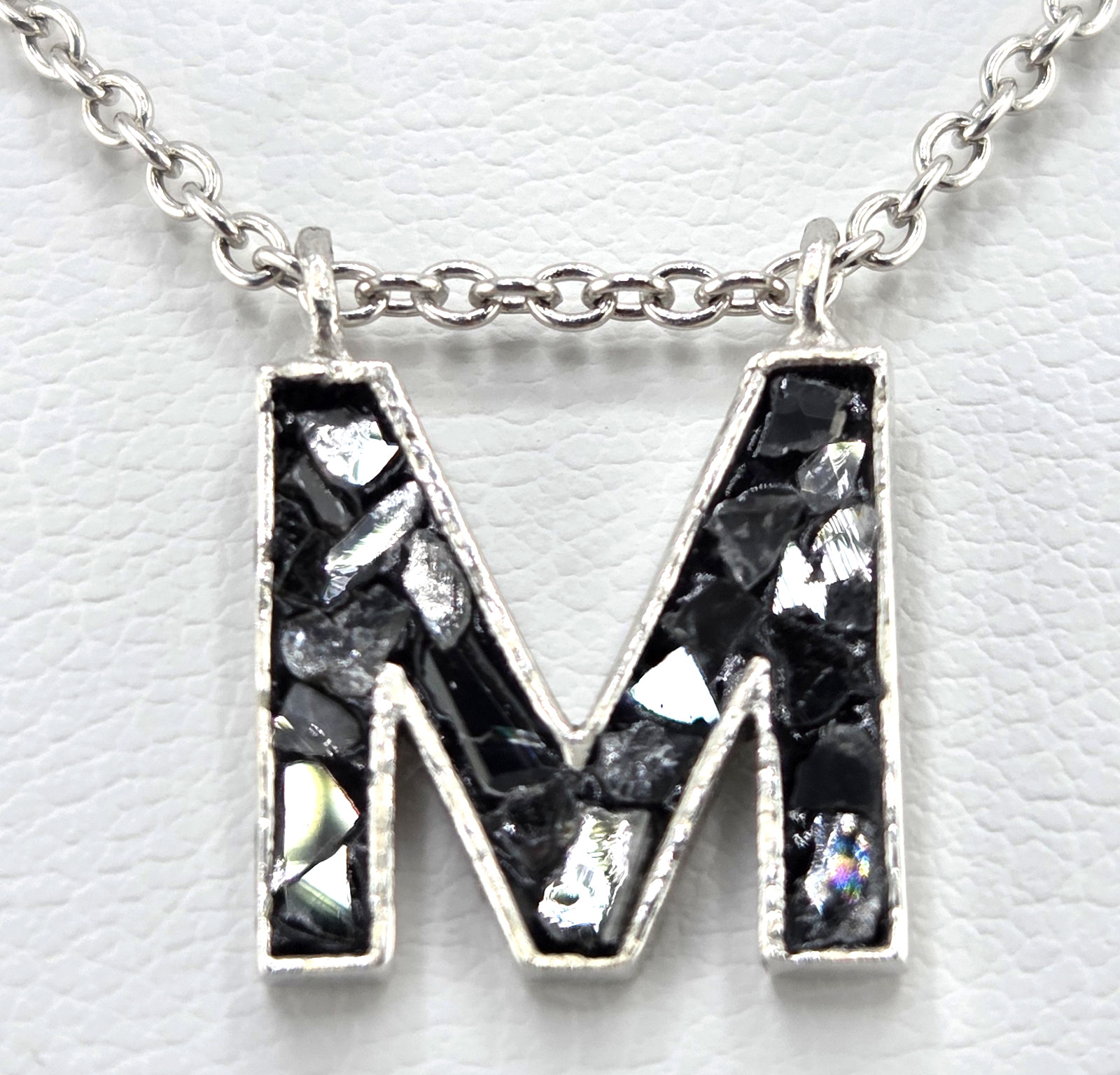 Joya “M” Initial Necklace Crushed Black Diamond 18″ Sterling Silver 1933