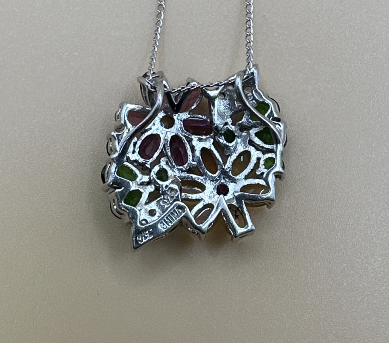 Elegant 925 Sterling Silver Multi Color Floral Pendant Necklace