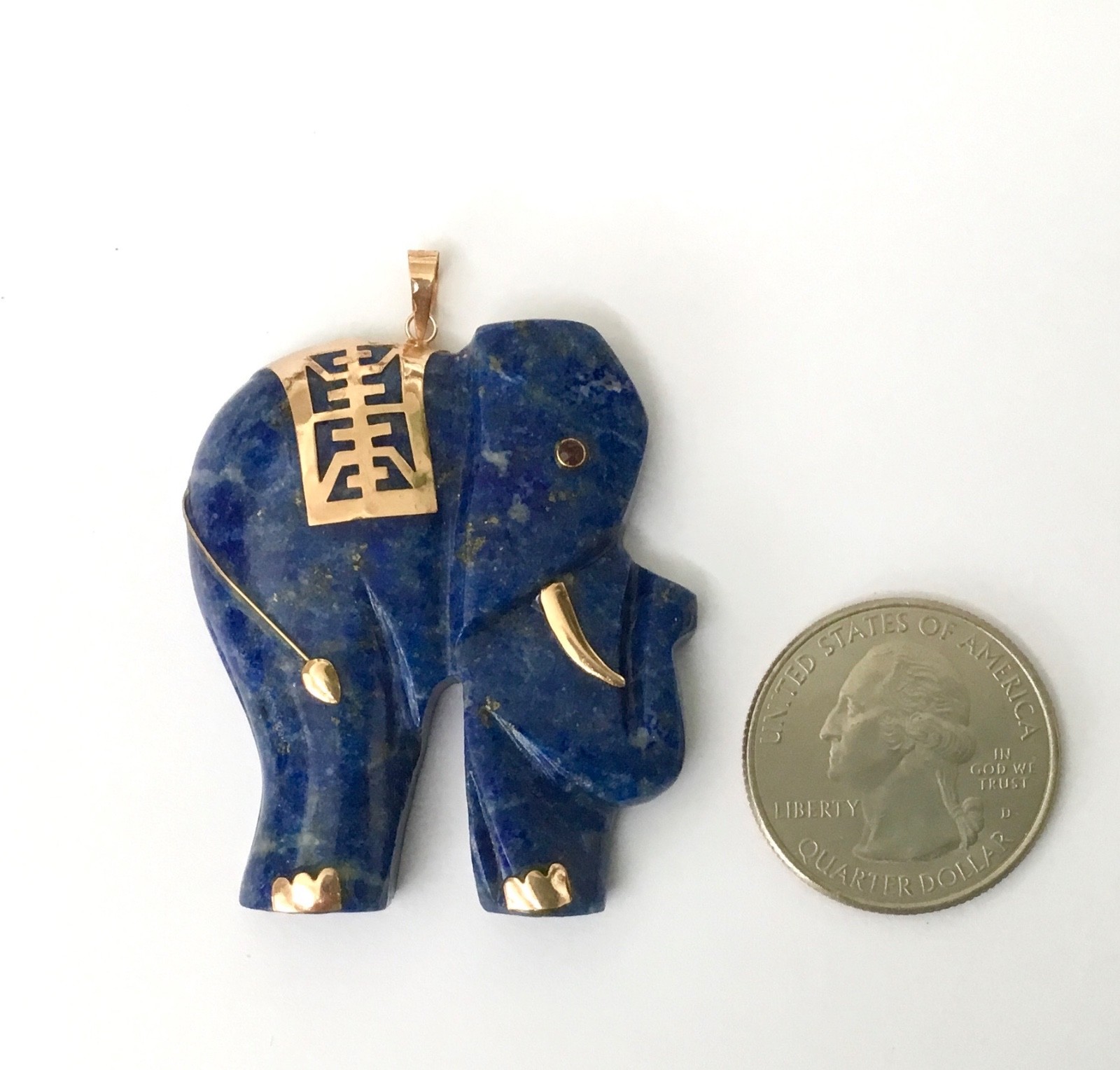 Amazing Extra Large Blue Lapis Elephant With Solid 14K Gold pendant NEW