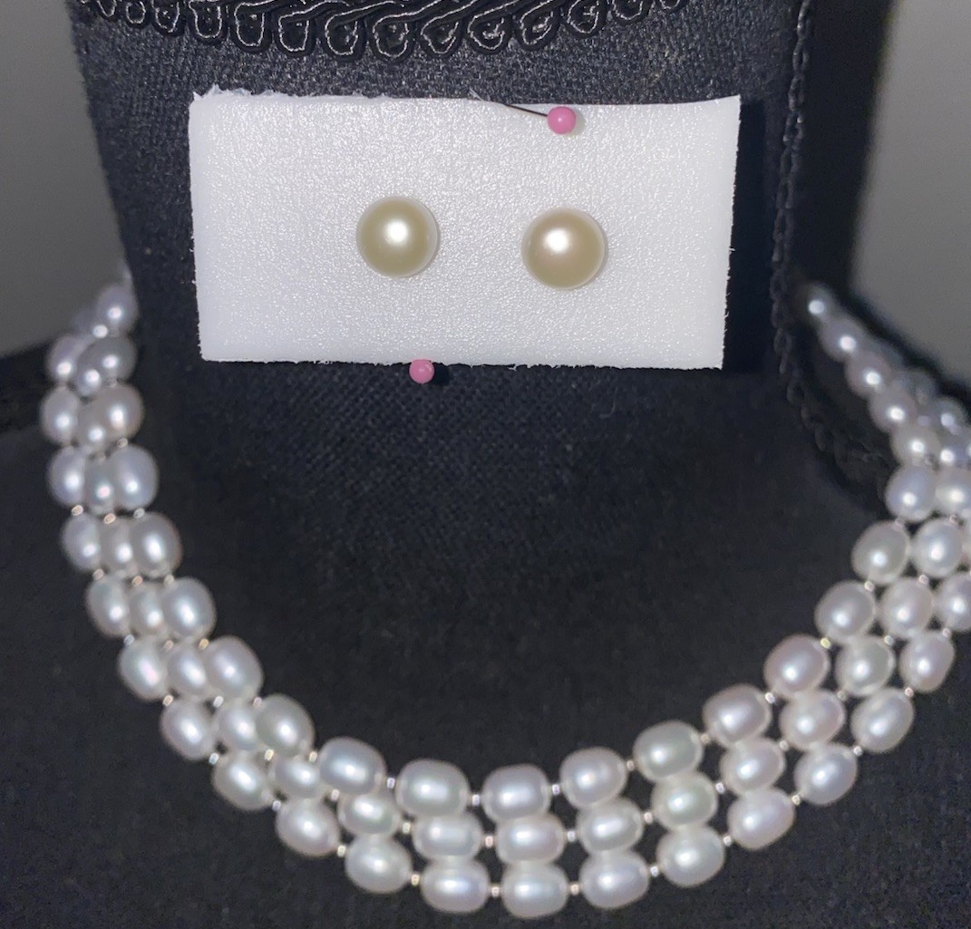 Vintage Imperial Pearl Syndicate 3 Strand Baroque Necklace Earring Set 14k 925.