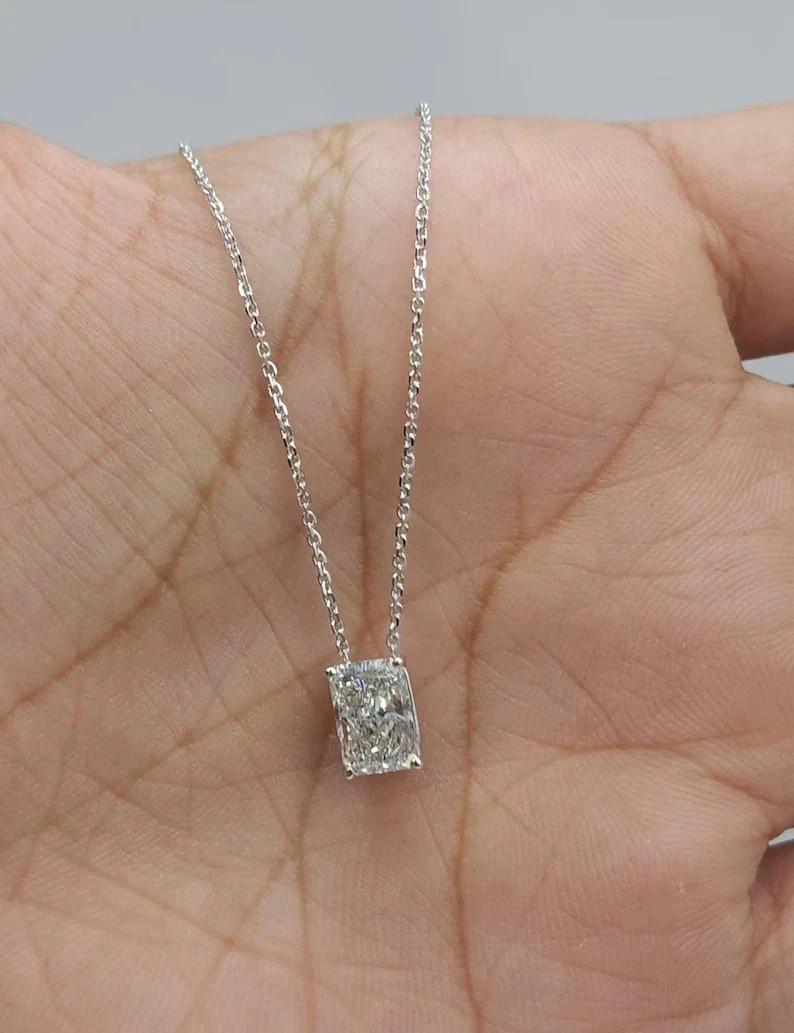 2Ct Radiant Cut Real Moissanite Women’s Solitaire Pendant 14k White Gold Plated