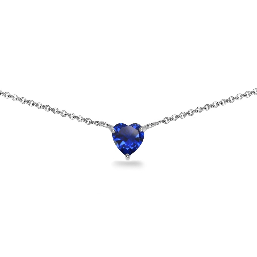 Dainty 7x7mm Heart Created Blue Sapphire Choker Necklace in Sterling Silver