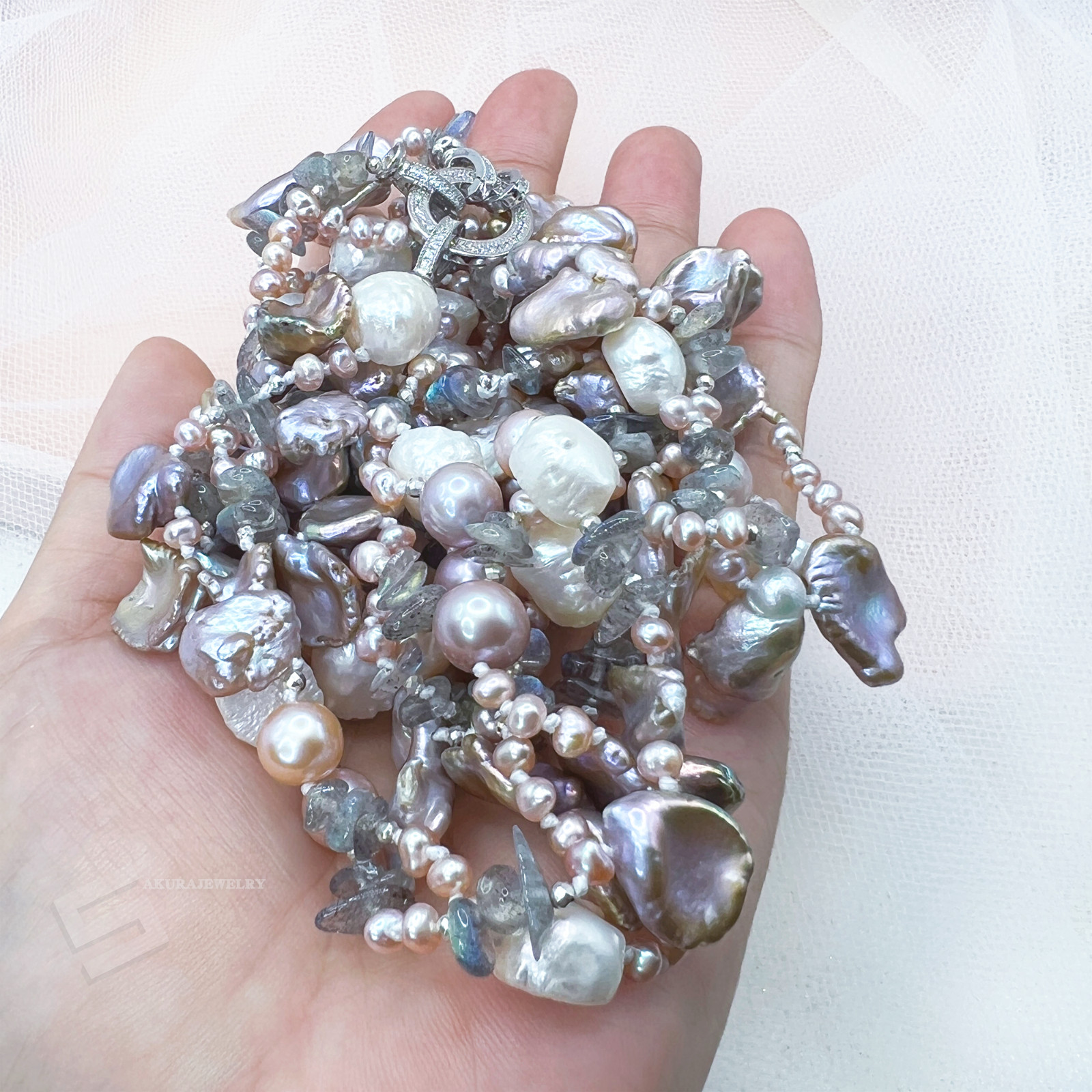 72″ Variety Pearls And Natural Gemstones Long Strand Necklace, Length adjustable