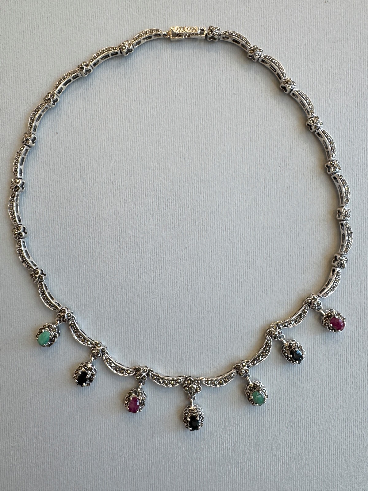 Ruby Emerald Sapphire Marcasite 925SS Chain Necklace