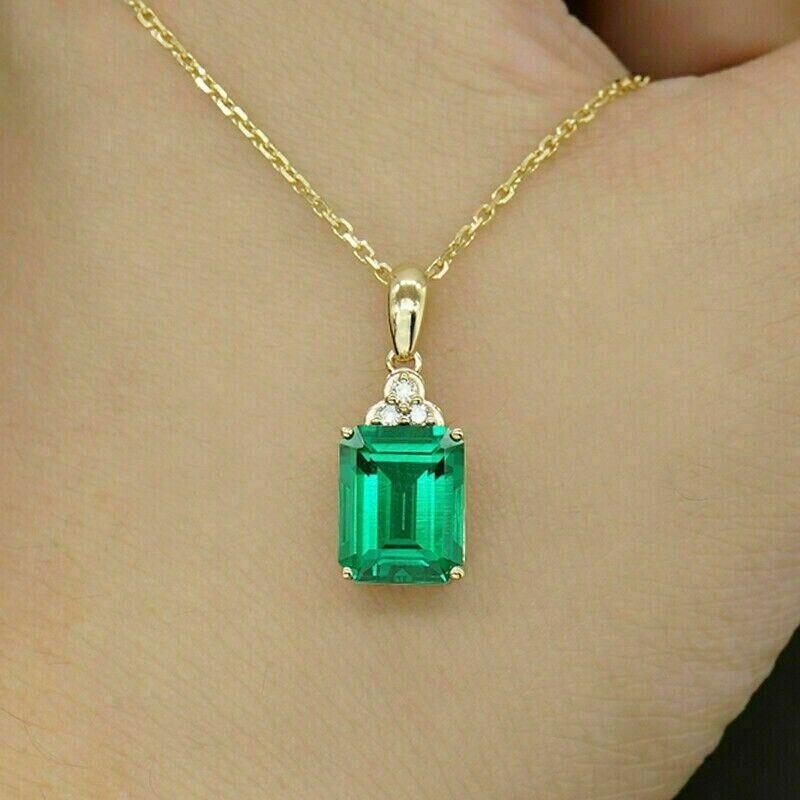 3.2Ct Emerald Lab Created Emerald Pendant 14k Yellow Gold Plated 18” Free Chain
