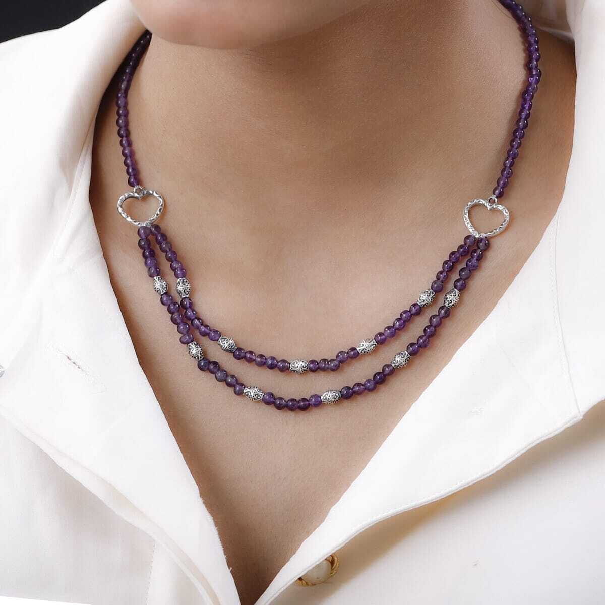 FUN & LIVELY Amethyst Beaded 2 Row Necklace 18 Inches Sterling Silver 59.00ctw