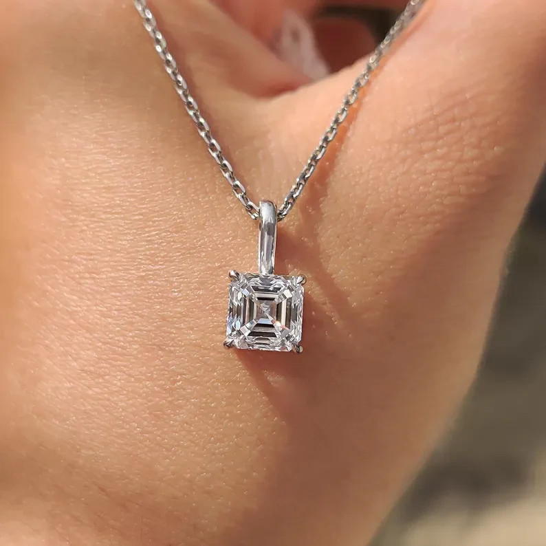 3Ct Asscher-Cut Lab Grown Diamond Necklace/Pendant Prong EF/VS1 14K White Gold