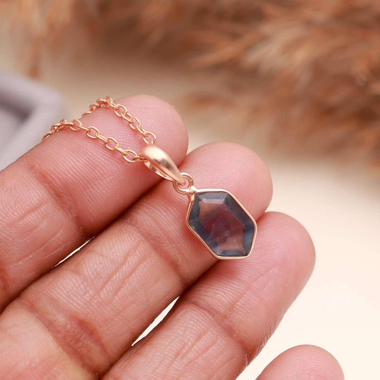 Natural Fluorite Hexagon Necklace Rose Gold Plated 925 Sterling Silver Jewelry