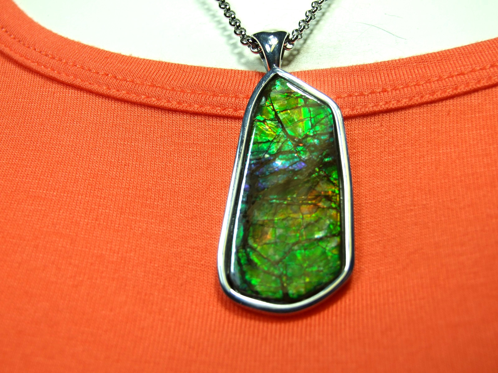AMMOLITE PENDANT, Solid Sterling Silver , HANDMADE- USA, Feng Shui Prized