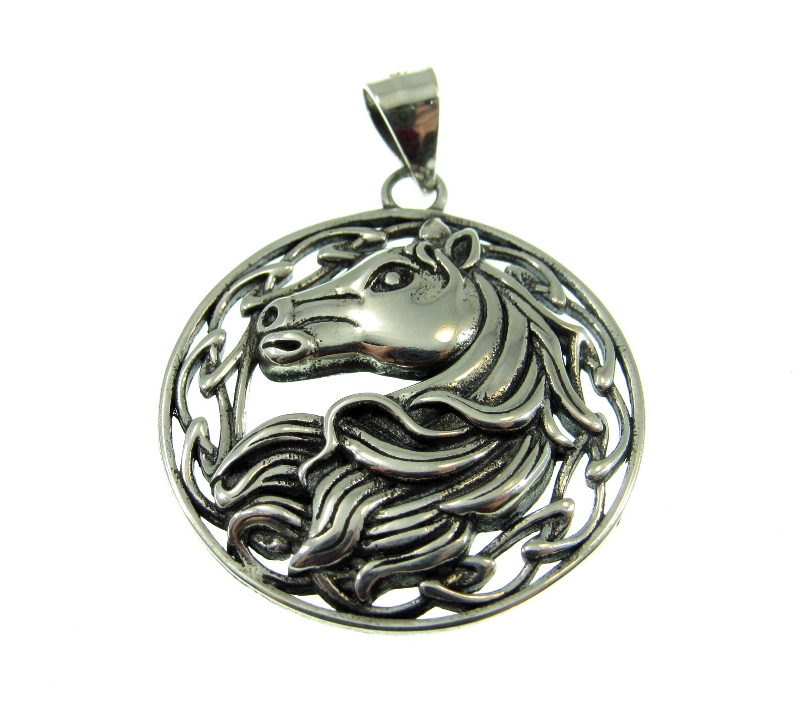 Handcrafted Solid 925 Sterling Silver Round Celtic Knot Horse Head/Bust Pendant