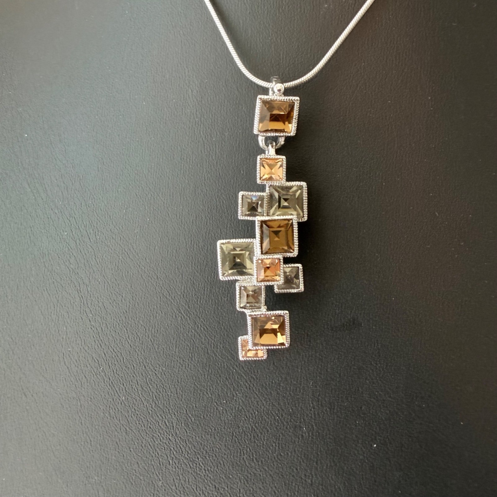 Sterling Silver Snake Chain Necklace Geometric Pendant Square Gemstones Chain