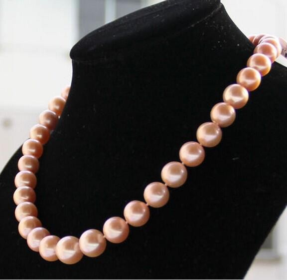 Charming 17″12-15mm Natural South Sea Genuine Gold Pink Round Pearl Necklace AAA