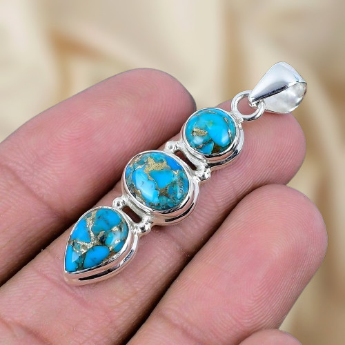 Copper Turquoise Gemstone Silver Pendant 925 Sterling Silver Jewelry Pendant