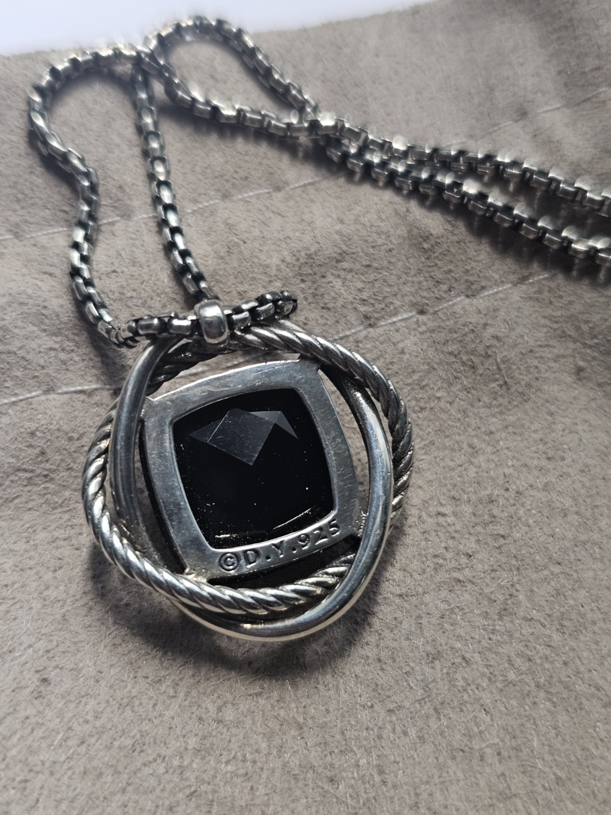 David Yurman 14mm Chatelaine Black Onyx Cushion Pendant Necklace Silver 925