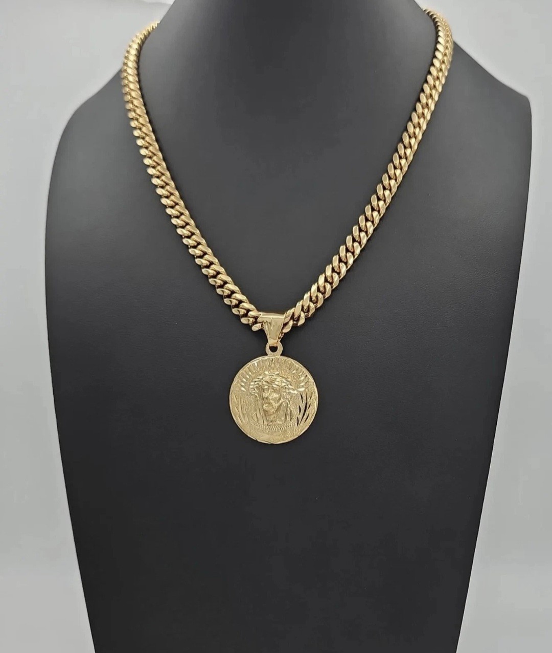 Gold Large Jesus Necklace, 7mm Curb Link, 14k Gold Plated, Waterproof, No Fade