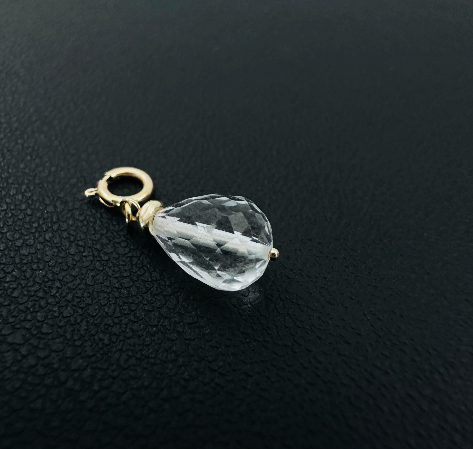 14K Solid Yellow Gold Small Clear Quartz Briolette Charm Pendant w/Spring Clasp