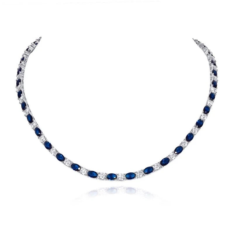 9.55 Ctw Lab Created Oval Blue Sapphire & Diamond Plated Tennis Womens Necklace.