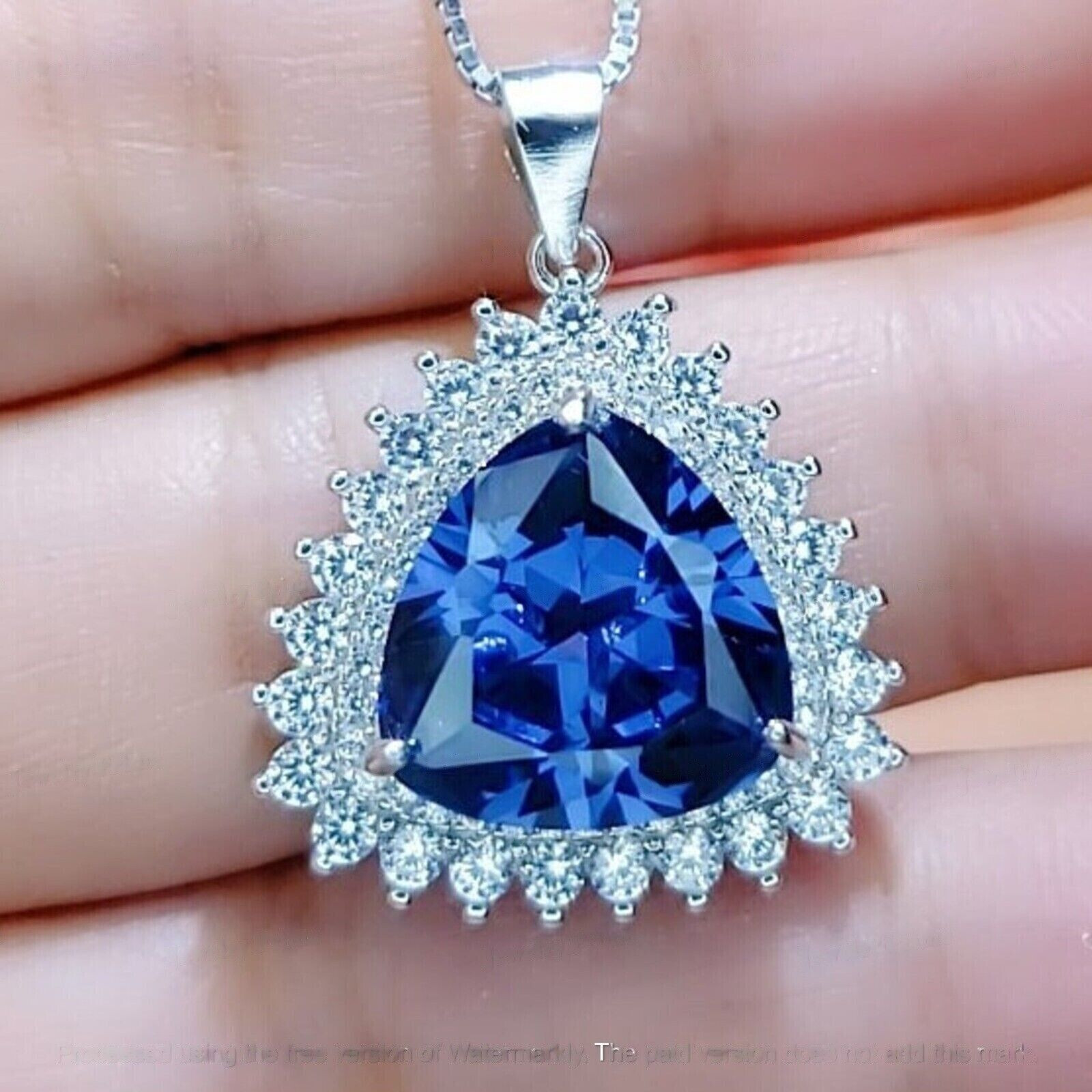 3Ct Lab Created Trillion Cut Tanzanite & Diamond Pendant 14k White Gold Finish