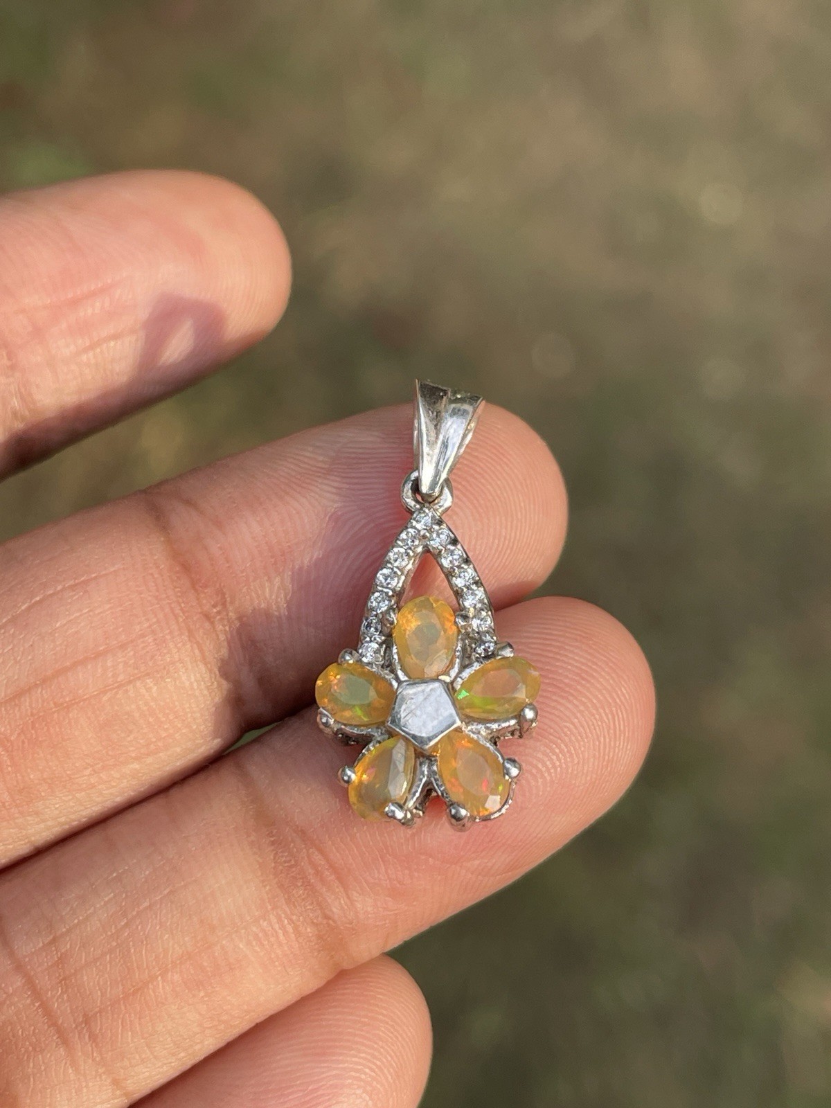 Natural Ethiopian Opal Flower Pendant | 925 Sterling Silver Rhodium Plated
