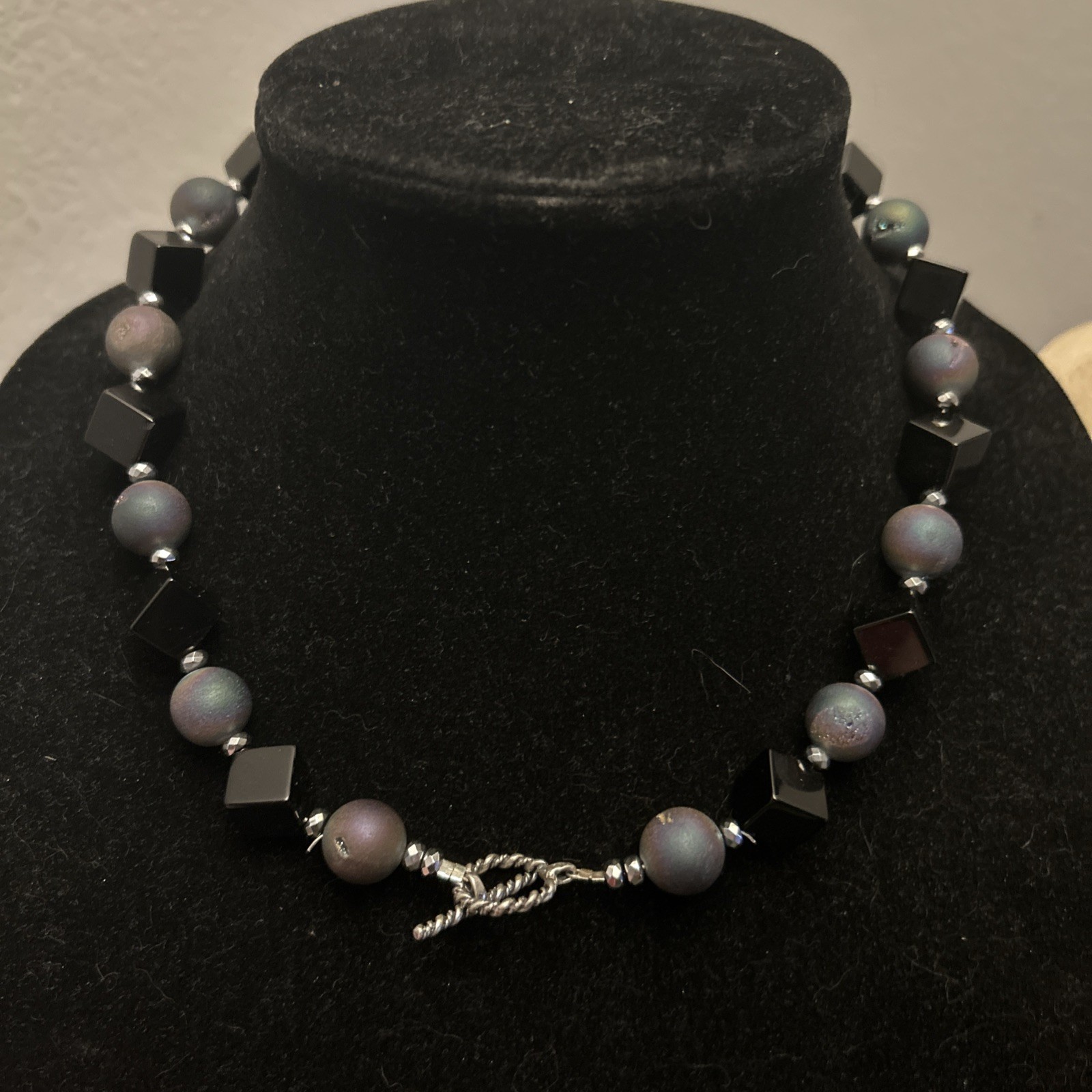 Sterling silver black Onyx purple Quartz Hemiatite Beaded 18” Toggle Necklace