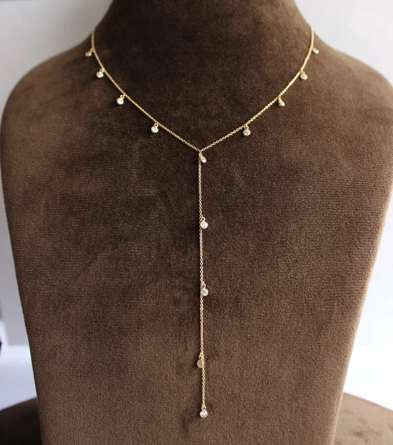Long Lariat Chain Necklace 1.00Ct Lab-Created Diamond 14K Yellow Gold Plated
