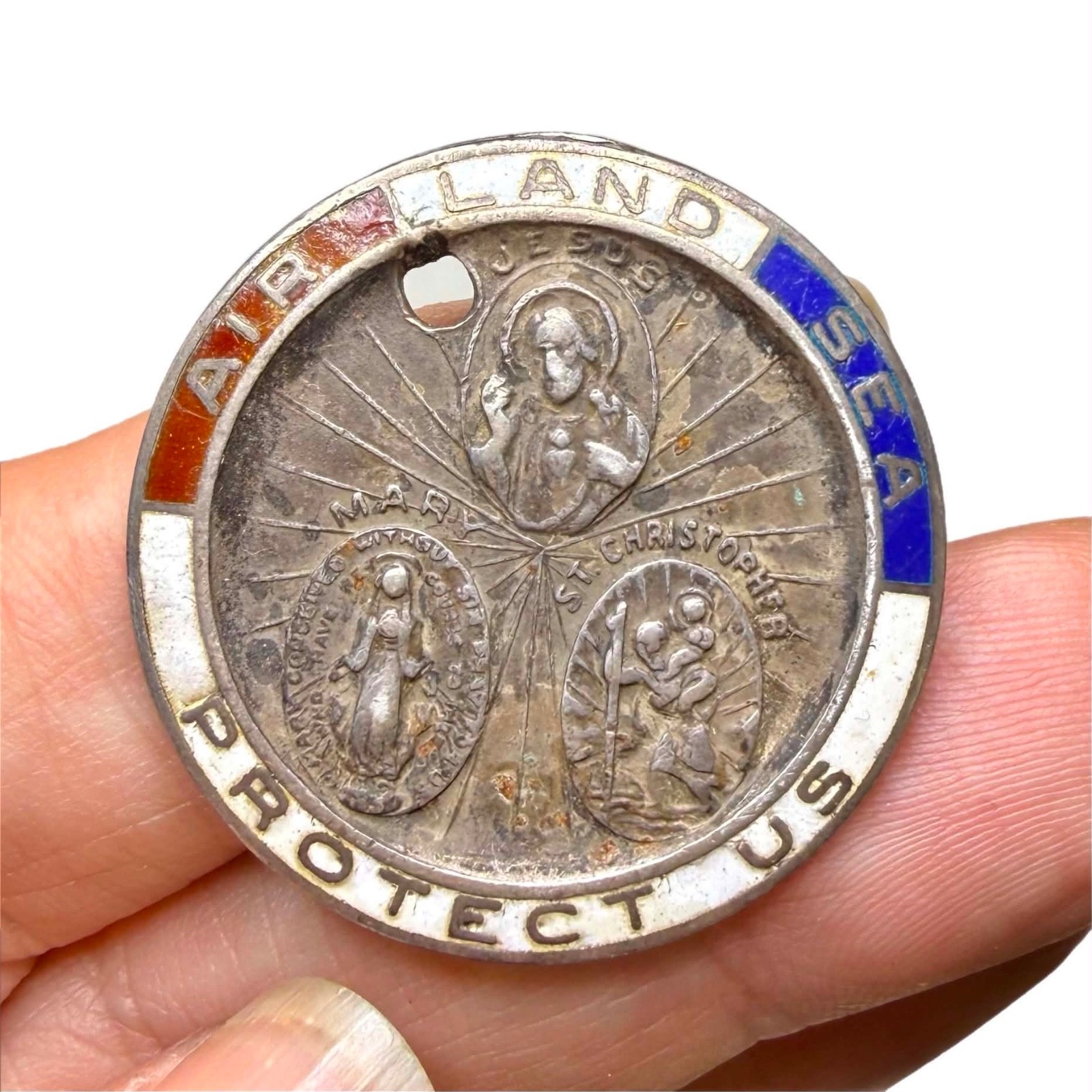 LUX Vtg Sterling + Enamel Saint Medal, Jesus, Mary, St Christopher, Pendant