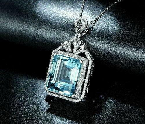 5.50Ct Emerald Cut Aquamarine Halo Pendant 14K White Gold Finish Free 18″ Chain