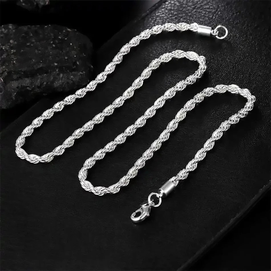 4mm Diamond Cut Solid 925 Sterling Silver Italian Rope Chain Men’s Necklace