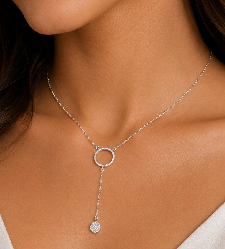 Sterling Silver CZ Circle Drop Necklace 40cm 3cm Extension Sparkling Pendant