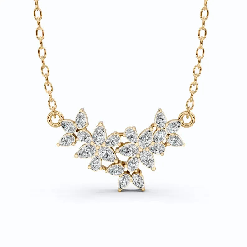 1.50Ct Pear-Cut EF/VS1 Lab Grown Diamond Flower Necklace Pendant 14K Yellow Gold