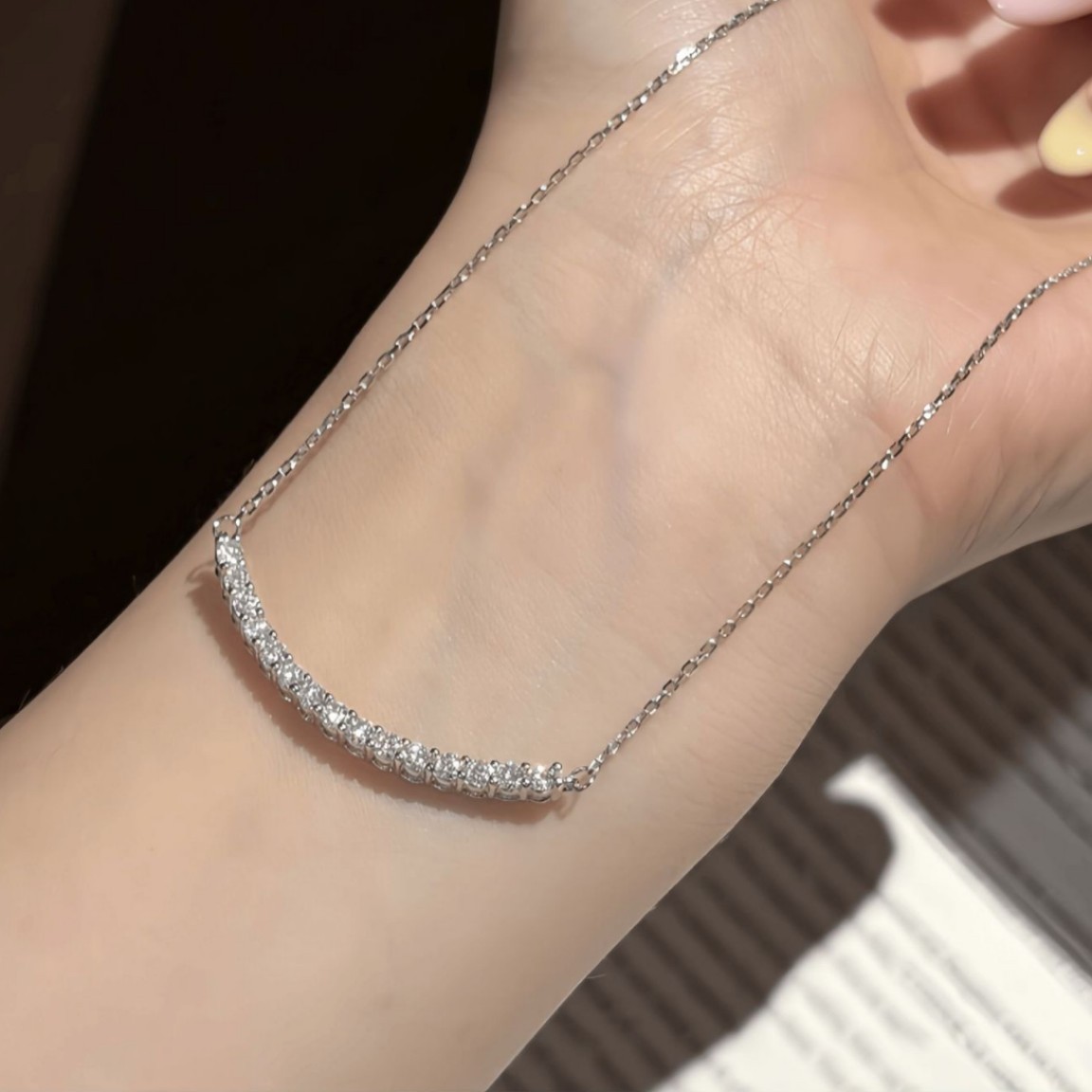 Moissanite Smile Necklace Curved Bar Pendant Necklace 925 Sterling Silver