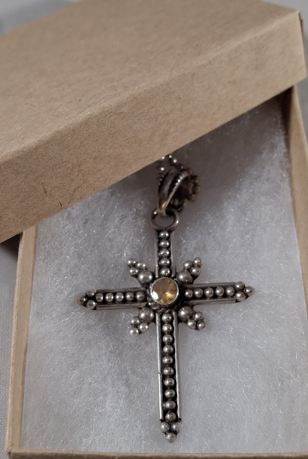 Vintage Taxco Sterling Silver Beaded Citrine Gem Cross Pendant Necklace 21 in