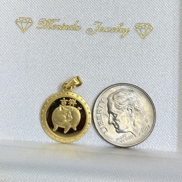 18k Solid Gold Zodiac Sign Pig Kid Adult Round Charm Pendant, 2.0 Grams