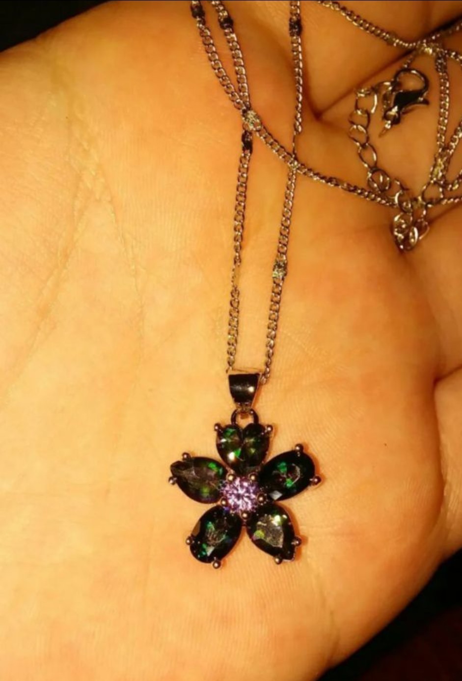 Sterling Silver 925 Mystic Topaz/Amethyst Heart Cut Flower Pendant Necklace Set!