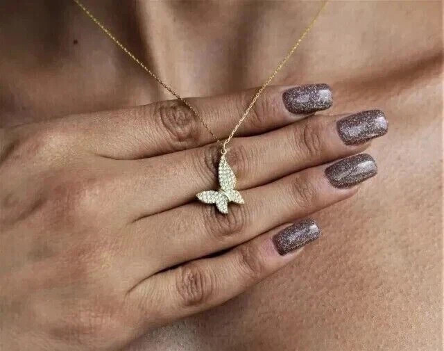 2.1Ct Round Cut Lab-Created Diamond Butterfly Engagement 14K Gold Finish Pendant