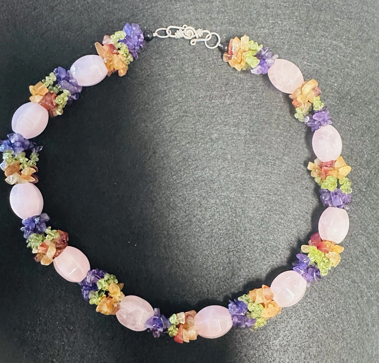 Artisan Vintage Rose Quartz Amethyst Peridot Carnelian Chunky Statement Necklace