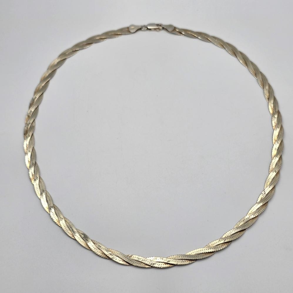 18″ 925 Sterling Silver Vermeil 2-Tone 6mm Braided Herringbone Chain Necklace
