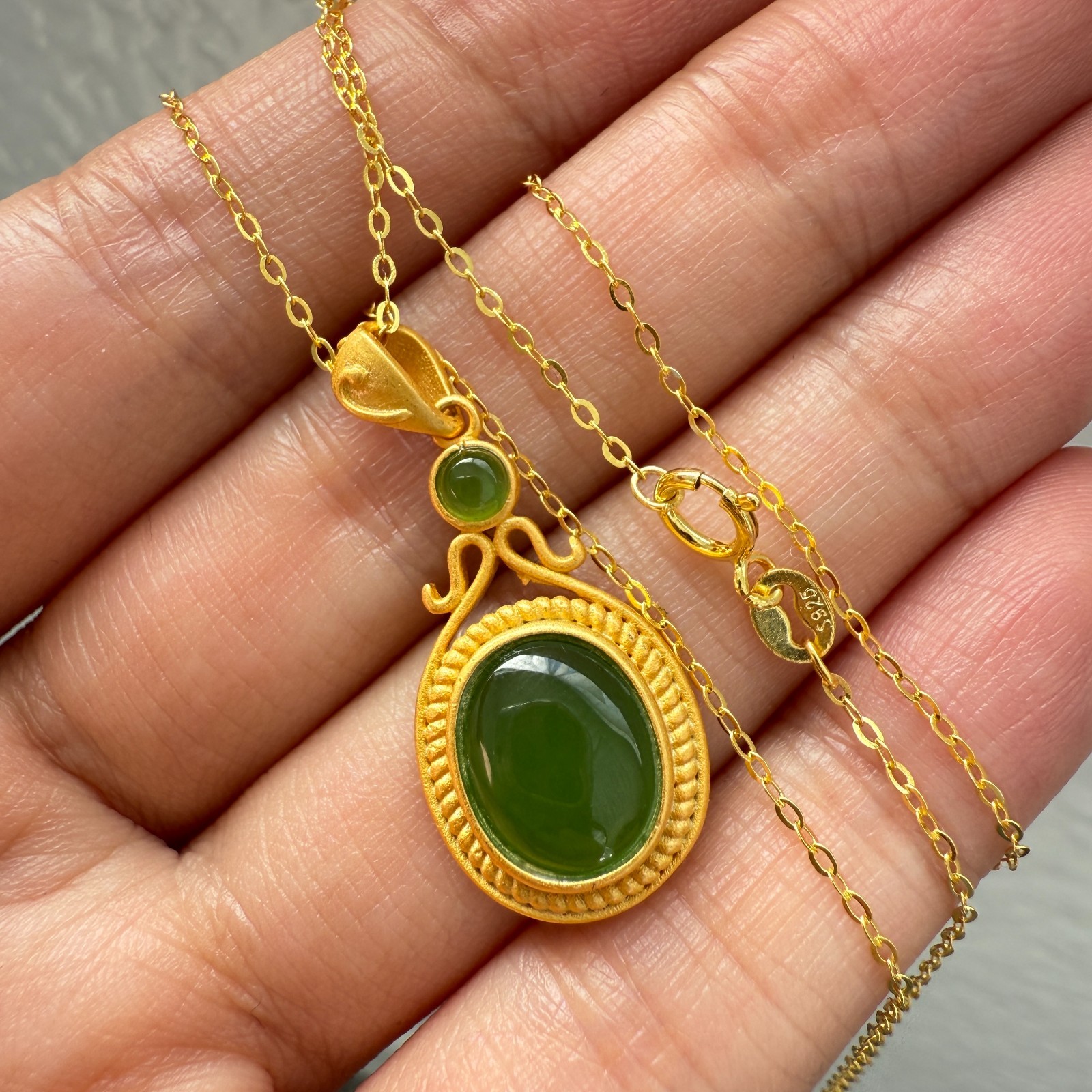 925 Sterling Silver Necklace 11x9mm Natural Emerald Exotic 14K Gold Plated Chain