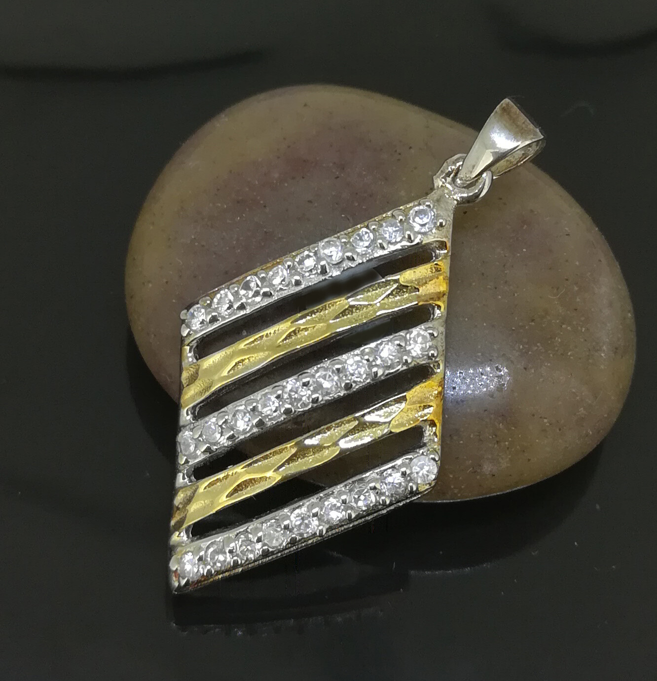 Elegant Genuine Solid 925 Sterling Silver 2 Tone CZ Pendant N-A880