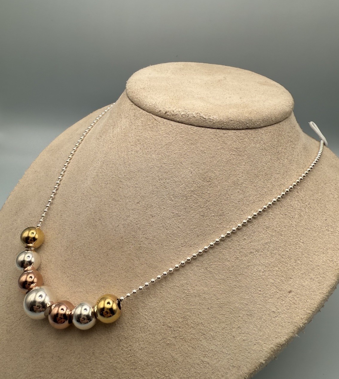 925 Sterling Silver Tri-Color Ball Bead Station Necklace 20” Italy