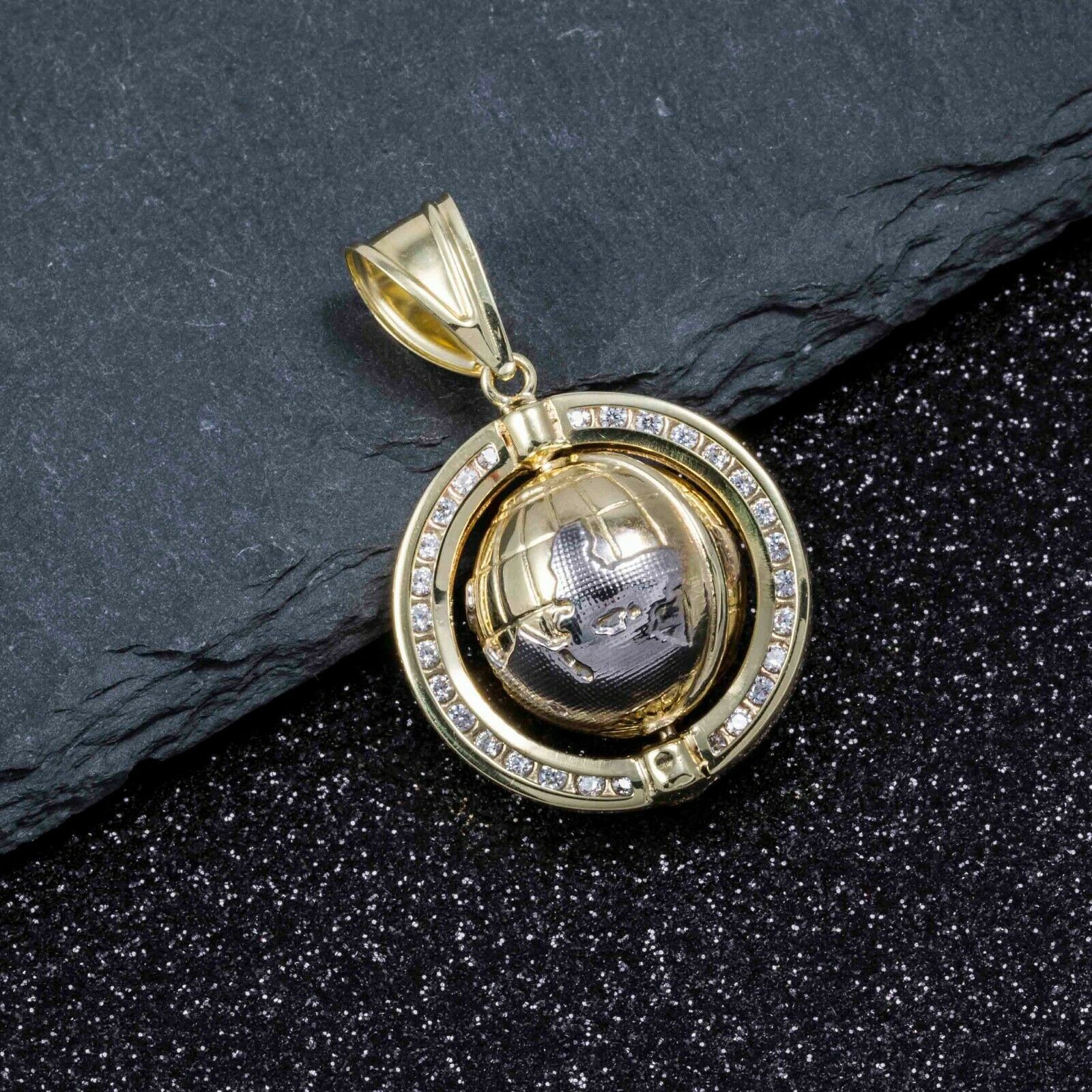 Pendant Two Tone 3D Textured World Globe 1 3/4″ Real 10K Yellow White Gold