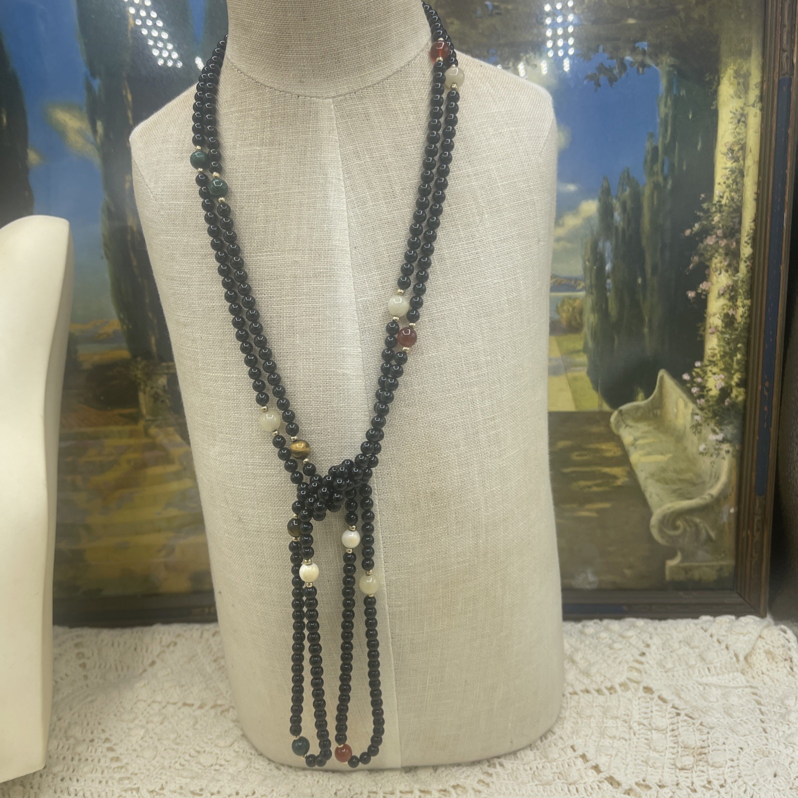 Vintage Fine Jewelry Black Onyx 14 kt Multi Color Stone 60″ Necklace